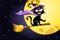 Halloween Night black cat Flying Broom Royalty Free Stock Photo