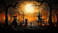 Halloween night of black cats with a large yellow moon in village, Generative AI Royalty Free Stock Photo