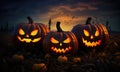 Halloween night. Candle lit Halloween Pumpkins. Halloween Backdrop with spooky pumpkins