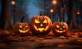 Halloween night. Candle lit Halloween Pumpkins. Halloween Backdrop with spooky pumpkins