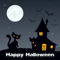 Halloween Night - Cat and Haunted House Royalty Free Stock Photo