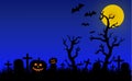 Halloween night at the cemetery with witch, bats, pumpkins and gravestones