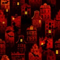 Halloween night city grunge red seamless pattern with european old houses, silhouettes of witches flying and bats Royalty Free Stock Photo