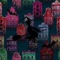 Halloween night city grunge seamless pattern with european old houses, silhouettes of witches flying and bats Royalty Free Stock Photo