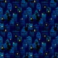 Halloween night city grunge seamless pattern with european old houses, silhouettes of witches flying and bats Royalty Free Stock Photo