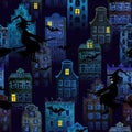 Halloween night city grunge seamless pattern with european old houses, silhouettes of witches flying and bats Royalty Free Stock Photo