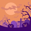 Halloween night creepy cemetery and pumpkins greeting card, Scary graveyard party poster. Spooky landscape silhouette Royalty Free Stock Photo