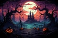 Halloween night creepy jack o\'lantern carved pumkins glowing in the forest, vampire castle and full moon on blood red sky. Royalty Free Stock Photo