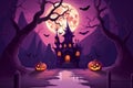 Halloween night creepy jack o\'lantern carved pumkins glowing in the forest, vampire castle and full moon on purple sky. Royalty Free Stock Photo