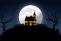 halloween night with dark blue sky and full moon castle on hill Royalty Free Stock Photo