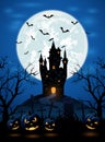 Halloween night with dark castle and pumpkins Royalty Free Stock Photo