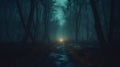 Spooky Halloween misty foggy forest night. Scary dark backround for halloween card. Royalty Free Stock Photo