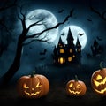 2023 Halloween night in fantasy style. Happy Halloween background with scary pumpkin in graveyard with haunted house and full moon Royalty Free Stock Photo