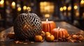 A group of pumpkins and candles on table