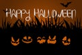 Halloween night fiery smiles of pumpkins and calligraphic inscription Happy Halloween