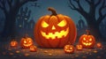 Halloween Night Forest with Glowing Jack-o\'-Lanterns for Halloween day. Royalty Free Stock Photo