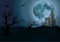 Halloween night: full moon beautiful castle or chateau light ins Royalty Free Stock Photo