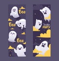 Halloween night ghosts invitation vector illustration banners. Flying spirits with various emotions, funny cartoon Royalty Free Stock Photo