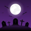 Halloween night, graveyard with cross on moonlight background, vector