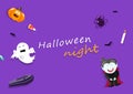 Halloween night greeting card, top view, happy celebrate vampire, pumpkin, mummy and spooky, cute cartoon character poster