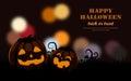 Halloween night with happy pumpkin characters on blurred background and beautiful bokeh. Flat design illustration