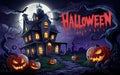 Halloween Night with Haunted House and JackoLanterns Royalty Free Stock Photo