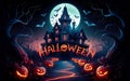 Halloween Night with Haunted House and JackoLanterns Royalty Free Stock Photo