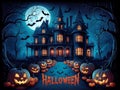 Halloween Night with Haunted Mansion and JackoLanterns Royalty Free Stock Photo