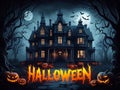 Halloween Night with Haunted Mansion and JackoLanterns Royalty Free Stock Photo