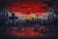 Halloween night horror with zombie hands poking out of hell in cemetery, With blood sky Blood and moon