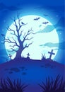 Halloween night illustration with big glowing moon, flying bats, scary tree, graves and crosses