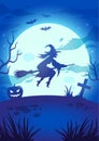 Halloween night illustration with big glowing moon, flying witch, pumpkin, grave and bats Royalty Free Stock Photo