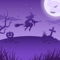 Halloween night illustration with big glowing moon, flying witch, pumpkin, grave and bats