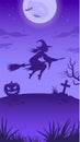 Halloween night illustration with big glowing moon, flying witch, pumpkin, grave and bats Royalty Free Stock Photo