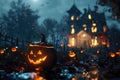 Halloween Night: Jack-o\'-lantern and Haunted Mansion Royalty Free Stock Photo