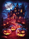 Halloween Night with JackoLanterns and Haunted Mansion Royalty Free Stock Photo