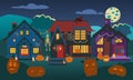 Halloween night landscape of small town Haunted house Concepy vector illustration