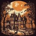 Halloween night landscape with haunted house and cat. Vector illustration Royalty Free Stock Photo