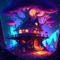 Halloween night landscape with haunted house and full moon. Fairytale scene with witch house in forest. Vector Generative AI