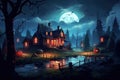 Halloween night landscape with haunted house and full moon, vector illustration Royalty Free Stock Photo