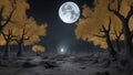 halloween night landscape A spooky scene with a dark forest and a full moon. The forest is gloomy and scary, and has bare trees Royalty Free Stock Photo