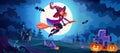 Witch flying on broomstick halloween landscape