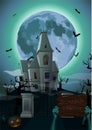 Halloween night: moon beautiful castle chateau zombie hands hold Royalty Free Stock Photo