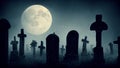 Halloween night moon composition with glowing pumpkins vintage castle and bats flying over cemetery flat Royalty Free Stock Photo