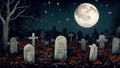 Halloween night moon composition with glowing pumpkins vintage castle and bats flying over cemetery flat Royalty Free Stock Photo