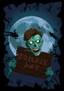 Halloween night moon zombi zombie evil spirits monster freak beast skeleton hipster hold wooden board party invite bat graveyard.