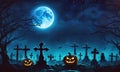 Halloween night mystery graveyard background with pumpkin