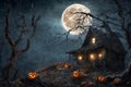 halloween night, old house in mystical forest, around pumpkins, flying bats on big full moon background, scary and fabulous, dark Royalty Free Stock Photo