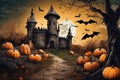 halloween night, old house in mystical forest, around pumpkins and flying bats, big full moon in dark sky, scary and fabulous, Royalty Free Stock Photo