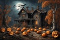 halloween night, old house in mystical forest, around pumpkins and flying bats, big full moon in dark sky, scary and fabulous, Royalty Free Stock Photo